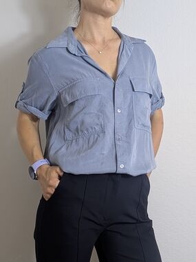 Light Blue Women's Short Sleeve Button-Up Shirt